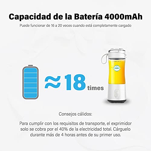 LaHuko Licuadora Portátil, Mini Batidora Personal para Batidos y Smoothies, 4000mAh batería con USB Recargable (Individuals 380ML, Blanco, para Jugo, Batido, Salsas, Comida para Bebé)