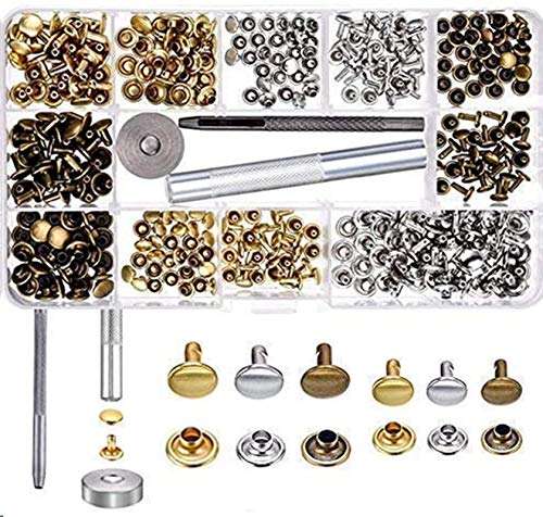 LAKII 180 Set 2 tamaños de cuero tapa doble remache Remaches Tachuelas Metal tubular con 3 piezas de fijación para DIY remaches de cobre herramienta de reemplazo, 3 colores oro, plata y bronce