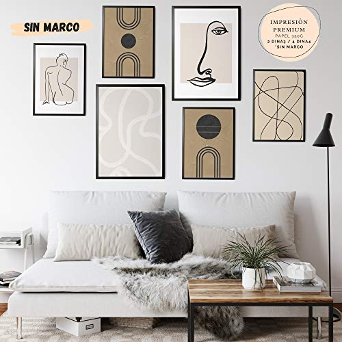 Láminas Decorativas para salón, Comedor, habitación, Dormitorio, Pasillo. Set de 6 Posters Modernos DIN A3 y DIN A4. Sin Marco. Arte Abstracto.