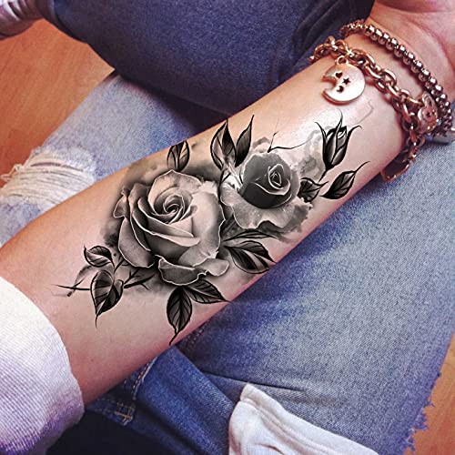 LAROI 8 Hojas Pétalo Vivo 3d Flor Rosa Adultos Tatuajes Temporales Mujer Impermeable Falso Cuerpo Arte Brazo Piernas Bosquejo Realista Negro Tatuaje Temporal Niñas Hombro Hojas Temp Tatuaje Pasta