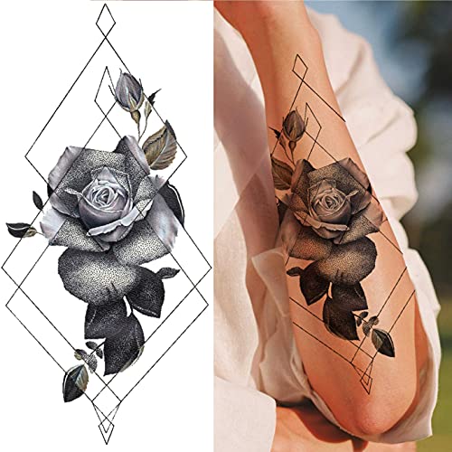 LAROI 8 Hojas Pétalo Vivo 3d Flor Rosa Adultos Tatuajes Temporales Mujer Impermeable Falso Cuerpo Arte Brazo Piernas Bosquejo Realista Negro Tatuaje Temporal Niñas Hombro Hojas Temp Tatuaje Pasta