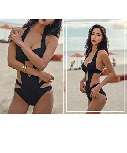 LATH.PIN - Traje de baño de mujer entero negro - Bikini sexy para la playa - Cuello en V - Push Up acolchados - Ideal para la playa, el verano, las vacaciones o fiestas Negro M