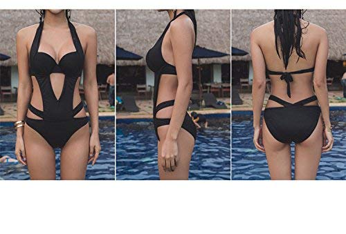 LATH.PIN - Traje de baño de mujer entero negro - Bikini sexy para la playa - Cuello en V - Push Up acolchados - Ideal para la playa, el verano, las vacaciones o fiestas Negro M