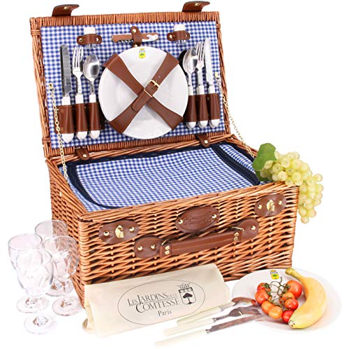 Les Jardins de la Comtesse – Cesta de picnic Marly tejido vichy azul – Completo 4 personas – Compartimento nevera isotérmico – Platos de cerámica y copas de vino de cristal – 46 x 31 x 20 cm