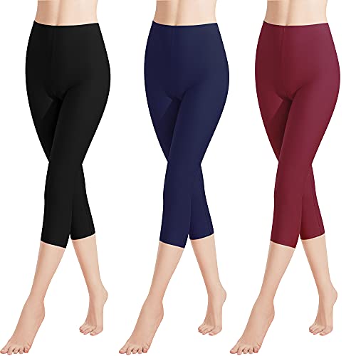 Libella 3 Piezas Mujer Leggins 3/4 Mallas Hecho de algodón Capri Pantalones Corto con Cintura Alta Multicolor Ajustado Mallas Deportivas 4161 Negro Vino Rojo Marienblau S