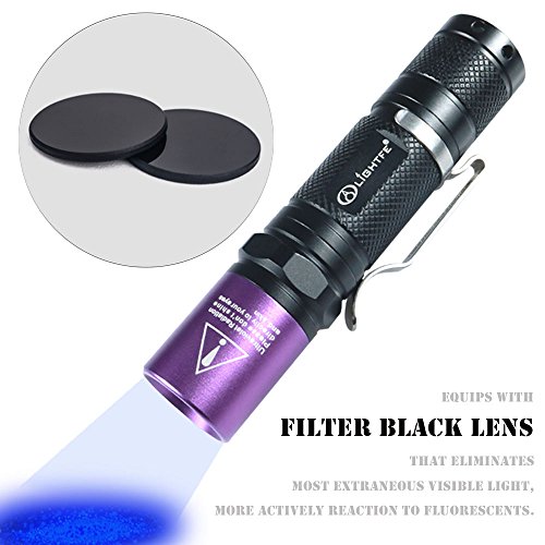 LIGHTFE - Linterna UV de 365 NM, luz Negra UV con Fuente LED LG UV, Lente de Filtro Negro, para Secado de Pegamento UV, Rocas y Brillo Mineral, Detector de orina de Mascotas, Detector de Fugas de CA