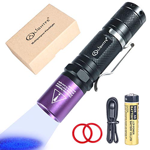 LIGHTFE - Linterna UV de 365 NM, luz Negra UV con Fuente LED LG UV, Lente de Filtro Negro, para Secado de Pegamento UV, Rocas y Brillo Mineral, Detector de orina de Mascotas, Detector de Fugas de CA