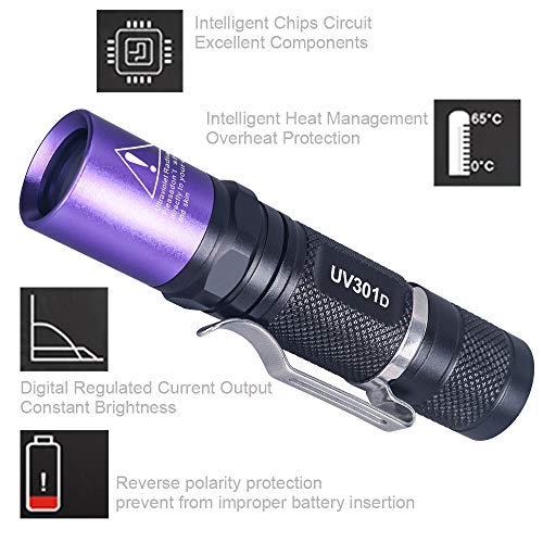 LIGHTFE - Linterna UV de 365 NM, luz Negra UV con Fuente LED LG UV, Lente de Filtro Negro, para Secado de Pegamento UV, Rocas y Brillo Mineral, Detector de orina de Mascotas, Detector de Fugas de CA