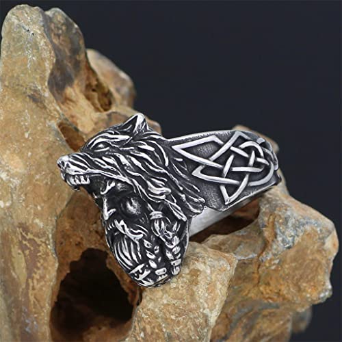 LMCLJJ Mito NóRdico Odin Lobo Acero Inoxidable Anillo, Hombres Mujer Vikingo Guerrero TóTem de Fenrir MáScara Casco Amuleto Vintage Anillos, JoyeríA Hecha a Mano de Banda Punk,11