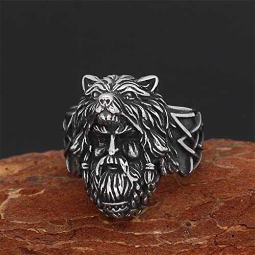 LMCLJJ Mito NóRdico Odin Lobo Acero Inoxidable Anillo, Hombres Mujer Vikingo Guerrero TóTem de Fenrir MáScara Casco Amuleto Vintage Anillos, JoyeríA Hecha a Mano de Banda Punk,11