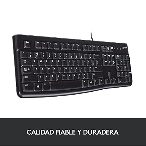 Logitech K120 Teclado con Cable Business para Windows, Tamaño Normal, Resistante a Líquido, Barra Espaciadora Curvada, PC/Portátil, Disposición QWERTY Español, color Negro