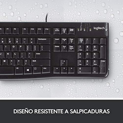 Logitech K120 Teclado con Cable Business para Windows, Tamaño Normal, Resistante a Líquido, Barra Espaciadora Curvada, PC/Portátil, Disposición QWERTY Español, color Negro