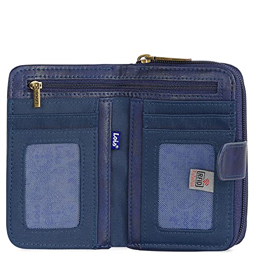 Lois - Cartera de Mujer Pequeña con Bordados y Motivos Mandala de Marca LOIS. Nylon y Cuero Vegano PU con Cierre Cremallera y Botón. Protección Antiescaneo RFID 304414, Color Marino