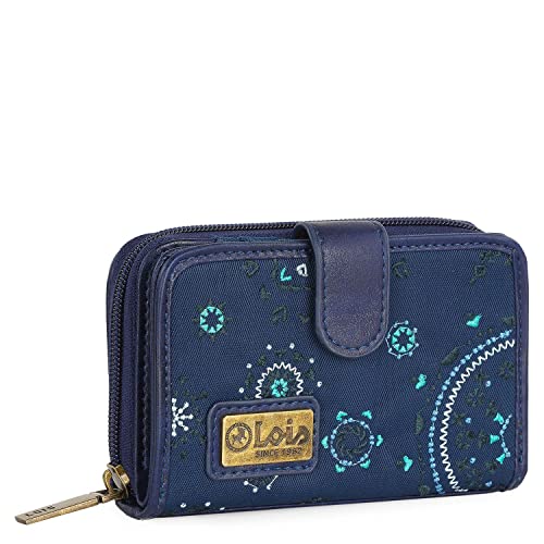 Lois - Cartera de Mujer Pequeña con Bordados y Motivos Mandala de Marca LOIS. Nylon y Cuero Vegano PU con Cierre Cremallera y Botón. Protección Antiescaneo RFID 304414, Color Marino