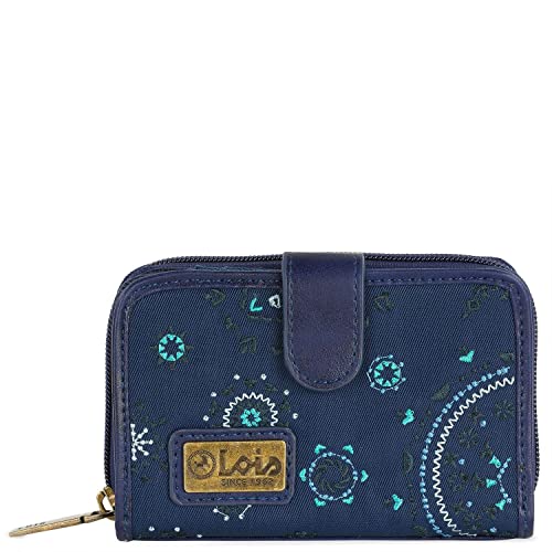 Lois - Cartera de Mujer Pequeña con Bordados y Motivos Mandala de Marca LOIS. Nylon y Cuero Vegano PU con Cierre Cremallera y Botón. Protección Antiescaneo RFID 304414, Color Marino