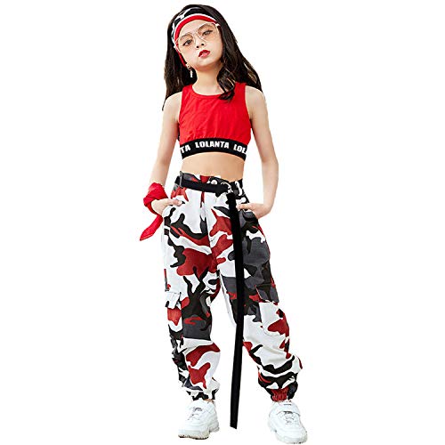 LOLANTA 2 Piezas Niñas Hip Hop Street Dance Solo Ropa Set Crop Tank Top+Camuflaje Jogger Pantalones, Rojo, 160