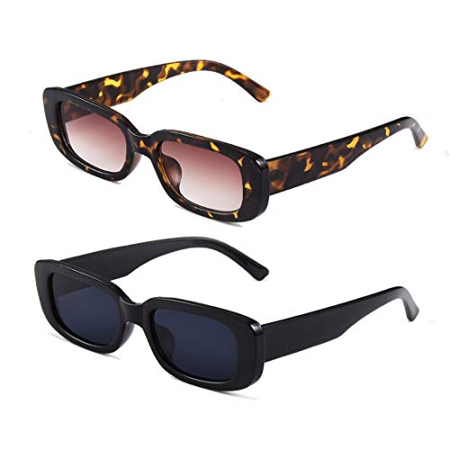 Long Keeper Gafas de sol rectangulares Protección UV400 Gafas de conducción retro para mujer (Negro+Leopardo)