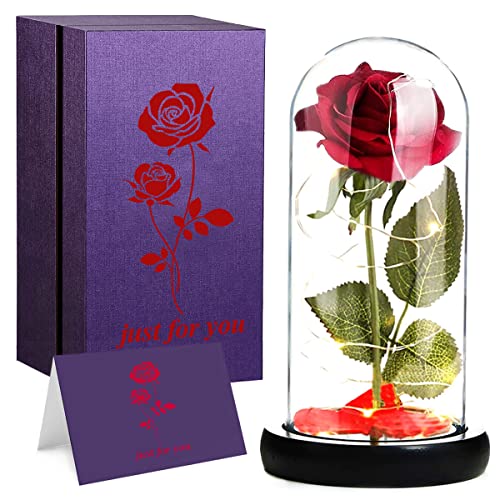 LOZACHE Rosa Encantada de Seda roja y luz LED, Kit de Rosas La Bella y la Bestia, Regalo para día de Navidad San Valentín Madre Boda Aniversario Cumpleaños