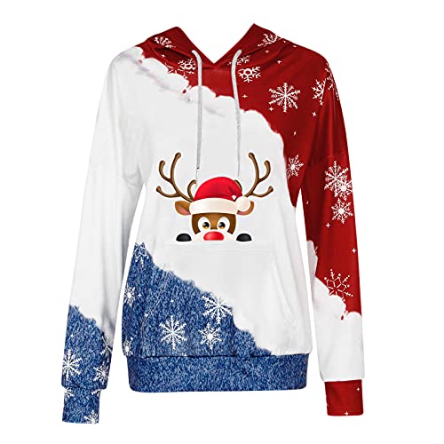 Luckycat Reno Navidad Jersey Rojo Mujer Suéteres Navideños Para Mujer Otoño Invierno Casual Manga Larga Estampado Pulóver Tops Empalme Cordón con Capucha Blusa de Talla Grande