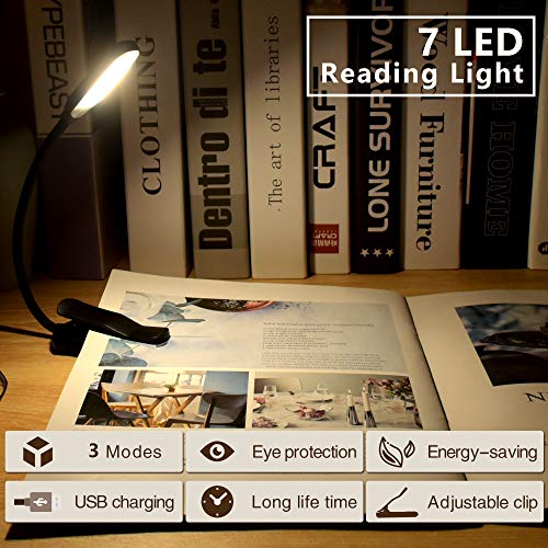 Luz de Lectura Recargable 2 Pack, Tesecu Lampara Libro 7 LED con 3 Modos 360 ° Flexible Lampara de Lectura Pinza para Lectores Noche, E-Reader, Estudio, Cama, Tablet