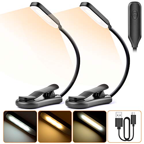 Luz de Lectura Recargable 2 Pack, Tesecu Lampara Libro 7 LED con 3 Modos 360 ° Flexible Lampara de Lectura Pinza para Lectores Noche, E-Reader, Estudio, Cama, Tablet