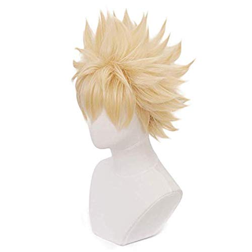 LZT Peluca de cosplay sintética de anime con cabello corto rubio claro para hombre de Katsuki Bakugou para fiestas como Halloween o para llevar de diario con malla de peluca gratis