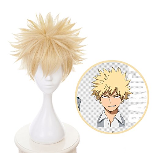 LZT Peluca de cosplay sintética de anime con cabello corto rubio claro para hombre de Katsuki Bakugou para fiestas como Halloween o para llevar de diario con malla de peluca gratis