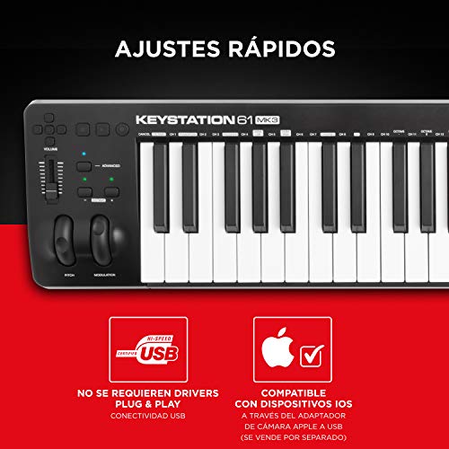 M-Audio Keystation 61MK3 - Teclado Controlador MIDI Compacto de 61 teclas con controles asignables, ruedas de cambio de tono / modulación, conectividad Plug-and-Play (Mac/PC) y software incluida