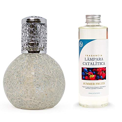 M MAMA MANUELA Pack Lámpara Catalítica y Fragancia. Modelo Mosaico Blanco - perfuma y sanea el Ambiente. Elimina Malos olores e impurezas del Aire - MamaManuela (Aroma Summer Fruits - 500ml)