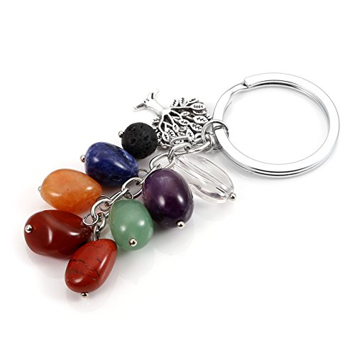 MANIFO Llavero natural de 7 chakras con piedras preciosas de cristal con encanto de árbol de la vida, llavero curativo Reiki