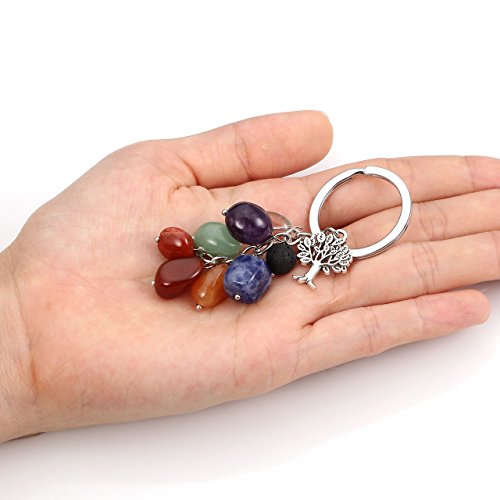 MANIFO Llavero natural de 7 chakras con piedras preciosas de cristal con encanto de árbol de la vida, llavero curativo Reiki