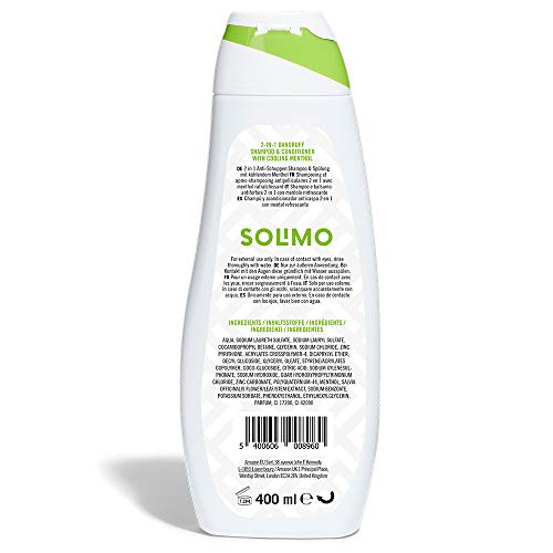 Marca Amazon - Solimo Champú y acondicionador anticaspa 2 en 1, con mentol refrescante- Paquete de 6 (6 Botellas x 400 ml)