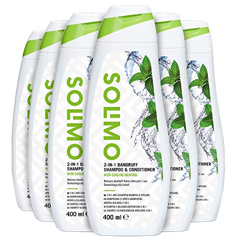 Marca Amazon - Solimo Champú y acondicionador anticaspa 2 en 1, con mentol refrescante- Paquete de 6 (6 Botellas x 400 ml)