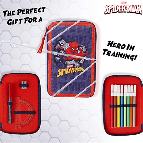 Marvel Spiderman Estuche Escolar, Incluye Material Escolar, Estuche Pinturas Para Niños 2 Compartimentos con Lapices y Rotuladores de Colores, Regalos Para Niños