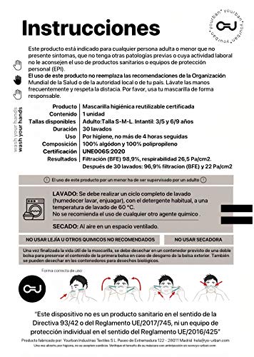 Mascarilla YOURBAN color negro. TALLA L, unisex, lavable y reutilizable . Con certificación UNE0065:2020 - FILTRACIÓN (BFE): 98.9% y RESPIRABILIDAD: 26.5 Pa/cm2.