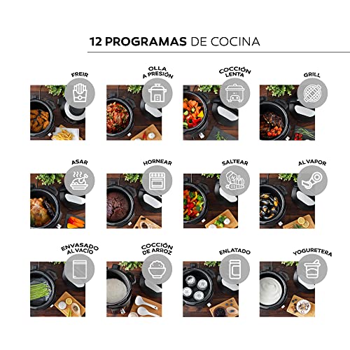 MasterPro - FryCook 12 en 1, Freidora de Aire 6L y Olla a Presión Eléctrica Programable, Mantener Caliente, 44 Funciones automáticas, 12 Programas, Acero Inoxidable, 1500W