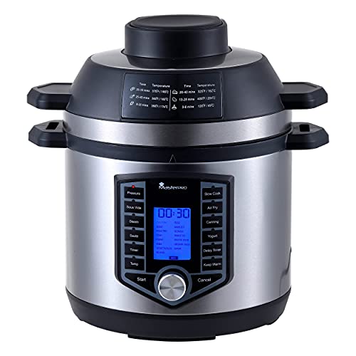 MasterPro - FryCook 12 en 1, Freidora de Aire 6L y Olla a Presión Eléctrica Programable, Mantener Caliente, 44 Funciones automáticas, 12 Programas, Acero Inoxidable, 1500W