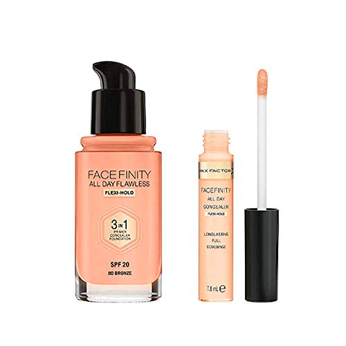 Max Factor Facefinity All Day Flawless Base y Corrector, Tono Base: 080 Bronze, Tono Corrector: 030