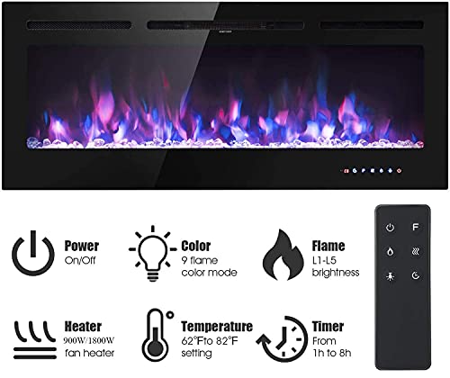 M.C.Haus Chimenea eléctrica Pantalla táctil Panel de Vidrio Colorido Inserto de Llama Calentador montado en la Pared con Cristal y Conjunto de Registro, 900/1800 W (102 cm)