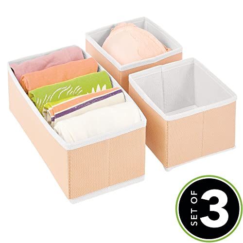 mDesign Juego de 3 Cajas organizadoras – Cestas de Tela de Diferentes tamaños para cajones – Organizadores para armarios para Guardar Calcetines, Ropa Interior y más – Naranja melocotón/Blanco