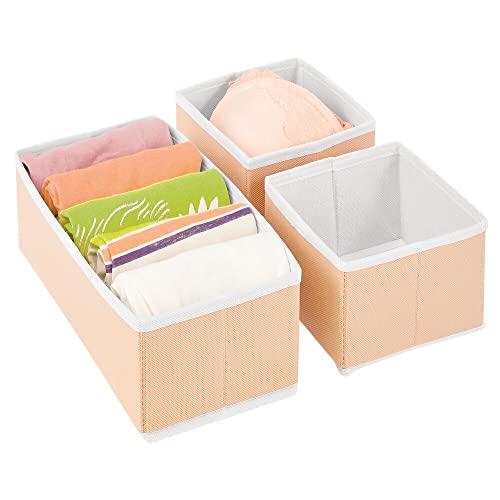 mDesign Juego de 3 Cajas organizadoras – Cestas de Tela de Diferentes tamaños para cajones – Organizadores para armarios para Guardar Calcetines, Ropa Interior y más – Naranja melocotón/Blanco