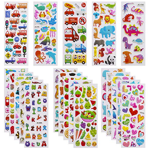 Meafeng Pegatinas para Niños 600+, 24pcs Pegatinas Infantiles 3D Puffy Stickers, Aplicable Gratificantes Regalos Scrapbooking , Que Incluyen Automóviles,Animales, Números, Frutas, Letras, Vida Marina