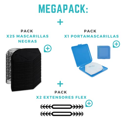 MEGAPACK - 25 Mascarillas FFP2 Homologadas Negras SIN GRAFENO - Más Filtración, Ultraprotección, Calidad y Comodidad - Certificación Europea 2797