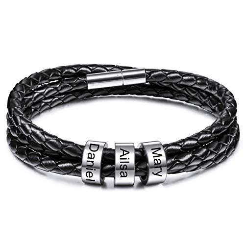 MeMeDIY Pulseras Personalizadas Grabado 2-6 Nombres Identificación Personalizada para Mujeres Hombres Cuero Genuino Cuentas de Acero Inoxidable Brazalete Trenzado Regalos de Dama de Honor (3 Cuentas)