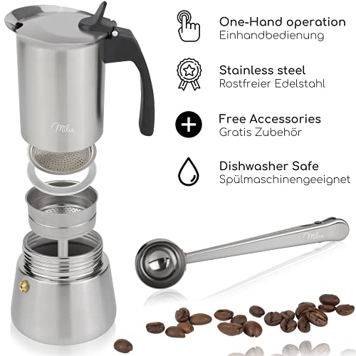 Milu Cafetera Italiana inducción| 2, 4, 6, 9 Tazas | Cafetera Moka de Acero Inox, Expresso Maker - Set comprensivo di sottobicchiere, cucchiaio, spazzola (6 tazze da 300 ml)