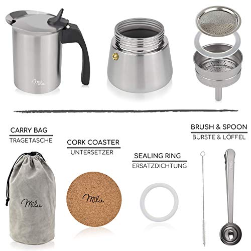 Milu Cafetera Italiana inducción| 2, 4, 6, 9 Tazas | Cafetera Moka de Acero Inox, Expresso Maker - Set comprensivo di sottobicchiere, cucchiaio, spazzola (6 tazze da 300 ml)