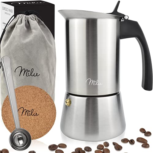 Milu Cafetera Italiana inducción| 2, 4, 6, 9 Tazas | Cafetera Moka de Acero Inox, Expresso Maker - Set comprensivo di sottobicchiere, cucchiaio, spazzola (6 tazze da 300 ml)