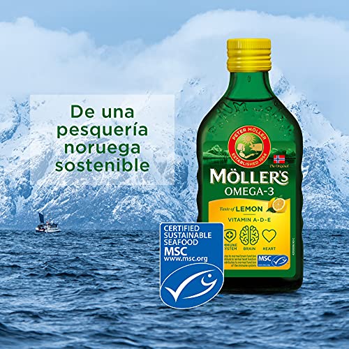 Moller’s ® | Aceite de hígado de bacalao con omega 3 | Complemento dietético con omega-3 EPA, DHA y vitaminas A, D y E | Aceite de hígado de bacalao | Sabor Limón | 250 ml