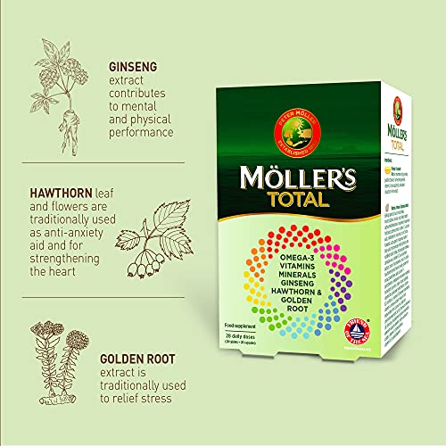 Moller’s ® | Total | Complemento Alimenticio de Uso Diario | Suplemento dietético nórdico con omega 3, EPA y DHA | Amplio espectro de vitaminas y minerales | Ginseng, Espino y Rodiola | 56 Cápsulas