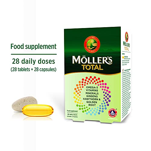 Moller’s ® | Total | Complemento Alimenticio de Uso Diario | Suplemento dietético nórdico con omega 3, EPA y DHA | Amplio espectro de vitaminas y minerales | Ginseng, Espino y Rodiola | 56 Cápsulas